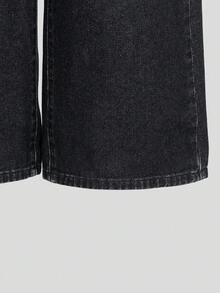 少女时尚休闲户外上学日常约会穿着宽松直筒弹力腰纽扣水洗牛仔裤 - 黑色 - 查看 7