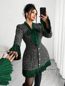 SHEIN PETITE CURVE Bộ đồ liền thân quần yếm dày cỡ lớn dành cho nữ, váy ngắn thanh lịch, vải tuýt kẻ caro dày dặn, ôm sát, phù hợp cho các dịp trở lại trường, tốt nghiệp, ngày lễ tình nhân, lễ hội âm nhạc, ngày của mẹ, lễ Halloween, lễ tạ ơn, lễ Phục sinh, ngày quốc khánh, dạ tiệc, tiệc hẹn hò, mùa cưới, hoạt động ngoài trời - Màu xanh lá cây đậm - Xem 2