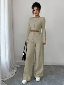 Modelyn Conjunto de 2 piezas de suéter de manga larga y pantalones de unicolor elegante para mujer - Camel - Ver 4