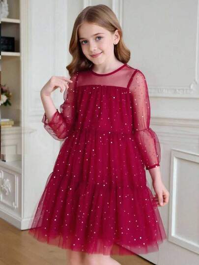 Elladie kids Tween Girls' Fashionable & Sweet Mesh Sequin Round Bead Decor Long Sleeve Casual Princess Style Red Dress
