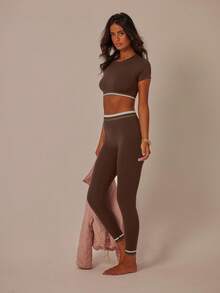 Aralina Women's Striped Round Neck Raglan Short Sleeve Cropped Top And Leggings Sports Suit - Chocolate Brown - View 3