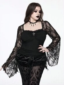 ROMWE EDITION Christmas Gothic Cross Lace Patchwork Square Neck Flare Sleeve Women Top - Black - View 6