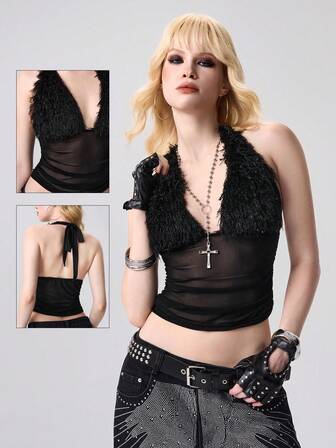 Grunge Punk Canotta donna Y2K sexy in stile patchwork, con collo alto e semi-trasparente