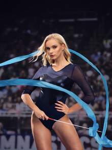 Cheerettes 女士纯色圆领七分袖网纱拼接紧身衣