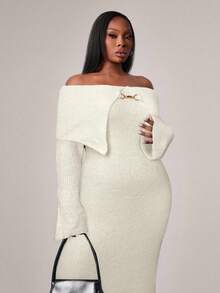 Radiana 大码女装秋冬春夏优雅华丽性感基础款毛绒纱线露肩翻领修身喇叭袖保暖连衣裙，适合舞会、晚宴、情人节、邮轮旅行、复古风、音乐节、演唱会、嘉年华派对、郊游、层次丰富的节日、约会之夜、聚会、生日等场合。 - 白色 - 查看 2