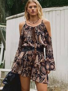 Freevana Women's All-Over Print Ruffle Hem Casual Vacation Long Sleeve Midi Dress Western Boho Summer Clothes Women Short Sets For Women - Coffee Brown - View 1