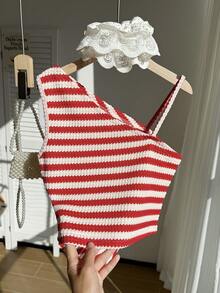 女童黑白拼接针织吊带背心，不对称肩带和下摆设计，适合外出、散步和百搭搭配。 - 紅色 - 查看 8