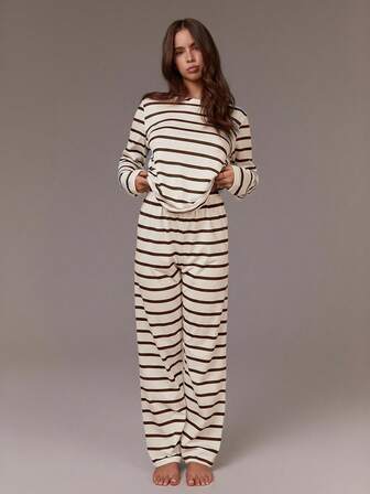 Athîral Striped Long Sleeve Top And Pants Casual Women Pajama Set Cozy And Elegant Details, Fall Winter Clothes