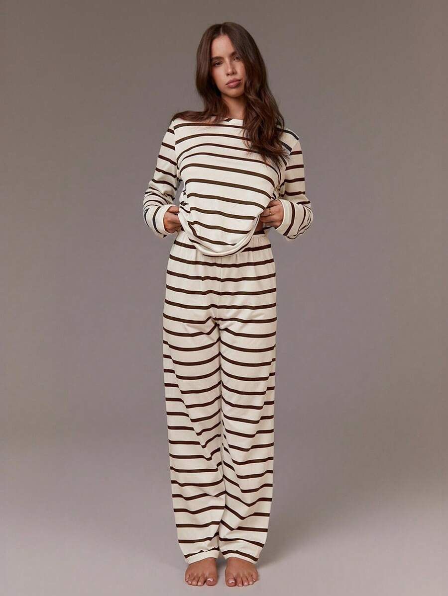 Athîral Striped Long Sleeve Top And Pants Casual Women Pajama Set Cozy And Elegant Details, Fall Winter Clothes - Apricot - View 1