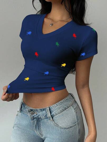 SHEIN BASICS Women's Casual Colorful Printed Short Sleeve V-Neck T-Shirt,Graphic Tees