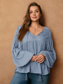 Rosumi Plus Size Women Tie Collar Contrast Lace Lantern Sleeve Loose Blouse Plus Size Blouses Curve Plus Plus Size Blouses Plus Size Boho Tops - Baby Blue - View 5