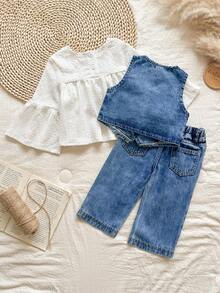 Vintaside Kids Baby Girl V-Neck Sleeveless Denim Outfit - Medium Wash - View 2