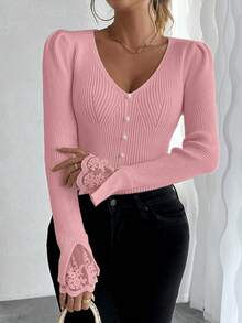 EMERY ROSE Áo len dệt kim tay bồng cổ chữ V phối ren Pháp, đính ngọc trai, dài tay - Hồng - Xem 5
