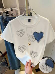 Resyla Camiseta de manga corta, cuello redondo, con corazón y perlas de imitación, de corte regular para mujer, para el verano
