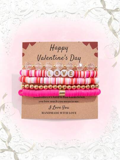 Kawaii 5 pezzi Braccialetti alla moda con perline di cristallo, braccialetto con perline a forma di lettera LOVE in argilla polimerica rosa, regali per feste, regali per famiglia, amici, compagni di classe, amanti, regali per le vacanze