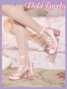 Dola Lovely 女士时尚粉色缎面优雅蝴蝶结洛丽塔玛丽珍厚底高跟鞋 - 粉色 - 查看 4