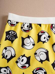 SHEIN Felix The Cat طقم ملابس علوية كامي مطبوع بصور القطط وسروال قصير مريح للفتيات المراهقات مع تريم متباين - أصفر - مشاهدة 7