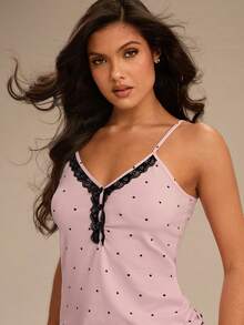 Enchnt Women's Polka Dot Lace Camisole And Shorts Pajama Set - Baby Pink - View 2