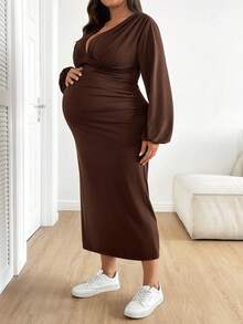 SHEIN 大码孕妇V领长灯笼袖休闲连衣裙 - 棕色 - 查看 3