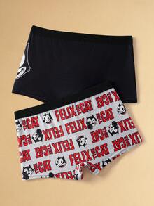 Felix The Cat X SHEIN Men's Soft Breathable Cat & Letter Pattern Trunks - Black - View 2