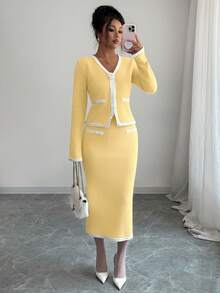 Elenzga 女士秋冬新款舒适针织卡其色V领长袖拼接高端蕾丝3D玫瑰优雅弹力腰百搭简约毛衣裙套装 - 鵝黃色 - 查看 8