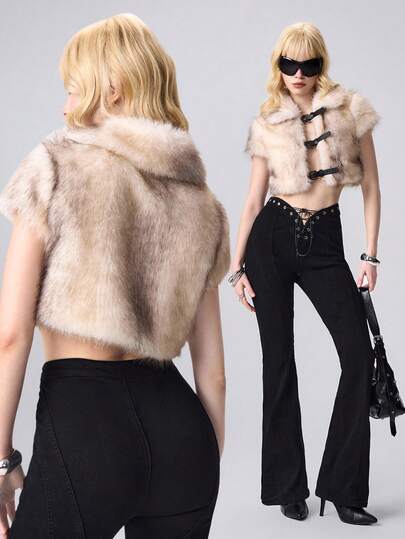 Grunge Punk Sexy Deep V Cropped Open Front Faux Fur Vest For Women
