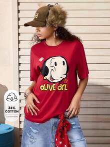 Popeye X SHEIN T-shirt à manches courtes col rond décontracté pour femmes, avec lettres et graphiques de dessins animés, pour l'été - Rouge - Voir 1