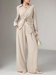 Heiryn 2pcs Women Casual Twist Knot Metal Buckle Top And Pants Set Blouse And Pants Set Beige Two Piece Set - Khaki - View 2