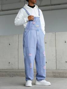 Manfinity Hypemode Men's Casual Distressed Chest Strap Denim Bib Overalls Baggy Overalls Men - Mauve Purple - View 3