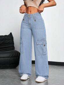 SHEIN PETITE 女士工装口袋阔腿宽松休闲牛仔裤 - 淺色水洗藍 - 查看 3