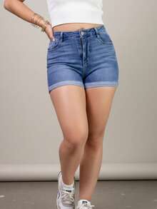 Shorts de mezclilla casuales para mujer con cierre, botón y cremallera, diseño ligeramente elástico, corte recto y pequeño dobles en la pierna. - Azul - Ver 3