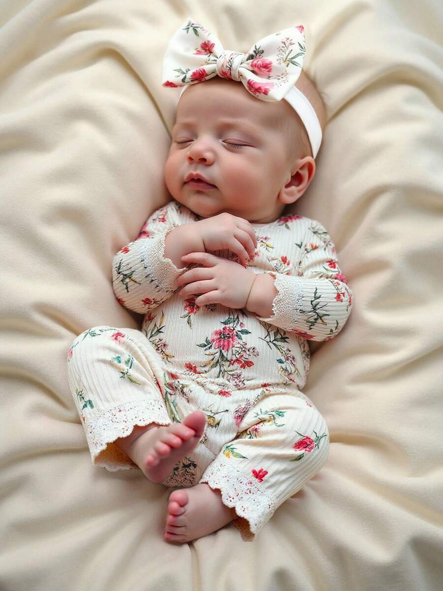 SHEIN Bộ 2 bộ đồ liền thân chụp ảnh trẻ sơ sinh viền ren có băng đô nơ in hoa trang phục chụp ảnh cho bé gái dùng để chụp ảnh trẻ sơ sinh - Nhiều màu - Xem 1