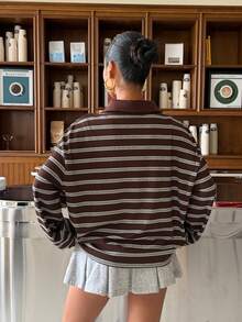 Muchica Brown Striped Knit Casual Women Long Sleeve T-Shirt - Coffee Brown - View 2