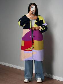 Slaydiva Áo khoác cardigan dài tay phối màu cỡ lớn, kiểu dáng thường ngày/áo len mùa đông cài nút, áo len dài cho nữ, quần áo cầu vồng cho nữ, áo cardigan nữ. - Nhiều màu - Xem 6