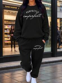 Calvaya Plus Size Casual Women's Sweatshirt And Jogging Set - Comfortable Thermal Lined , Crew Neck Graphic Print, Machine Washable - Perfect For Fall And Winter - Black - View 1