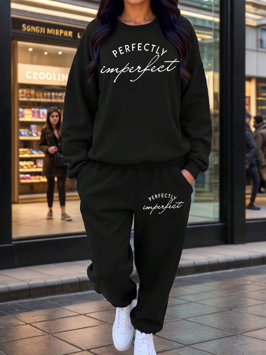 Calvaya Plus Size Casual Women's Sweatshirt And Jogging Set - Comfortable Thermal Lined , Crew Neck Graphic Print, Machine Washable - Perfect For Fall And Winter - Black - View 1