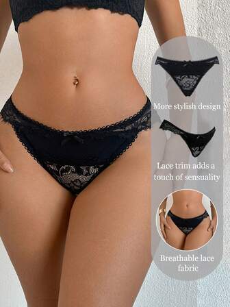 DesireSculpt Bekväma bikinitrosor med spetsmönster och rosett för kvinnor