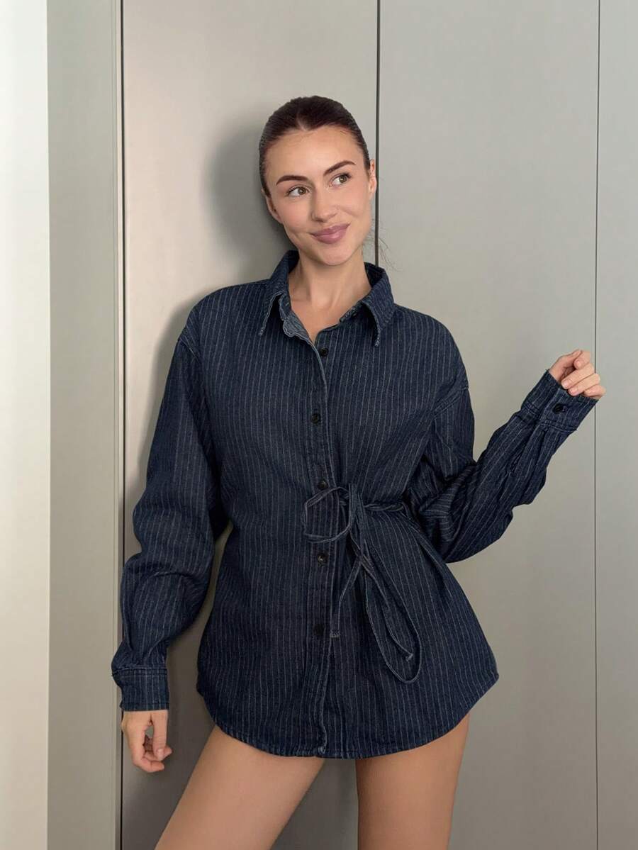 Abrilcols Striped Single-Breasted Denim Side Tie Blouse, Suitable For Everyday Wear,Jeans Jacket,Fall Women Clothes - Dark Wash - View 1