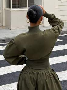 Muchica 女士橄榄绿立领纽扣腰短款夹克 - 橄欖綠 - 查看 2