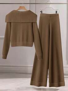 Franclia Bộ 2 áo len dệt kim trơn màu thường ngày cho nữ, áo khoác cardigan cài nút cổ bẻ và quần dệt kim có túi nơ phía trước - màu nâu - Xem 2