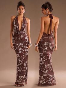 SHEIN Glamour Brown Color Sequin Sexy V Neck Backless Halter Neck Maxi Dress,Sparkly Dress,Elevated Elegance Dress,Prom Dresses,Rave Outfits Festival,Streetwear,Concert Outfit,Club Outfits,Date Night Outfits,Women Birthday Outfits,Party Dress,Brown Dress,New Year Dress,Valentine Dress,Spring Dress,Flower Fashion,Shiny Dress,Sequined Dress - Brown - View 3
