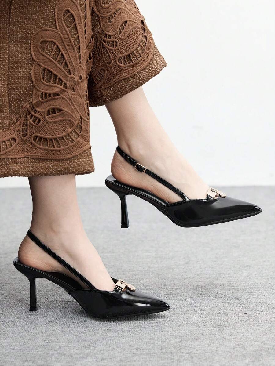 CUCCOO BIZCHIC 女士新款黑色漆皮金属扣尖头高跟鞋,细带凉鞋,优雅百搭,适合派对、圣诞节、新年夜等场合。 - 黑色 - 查看 1