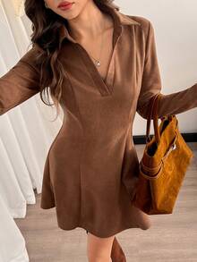 SHEIN Tall Vestido con falda línea A y cuello, tela de ante, estilo casual relajado elegante de oficina para mujer, vestido marrón café elegante para mujer, mujer alta - Marrón - Ver 6