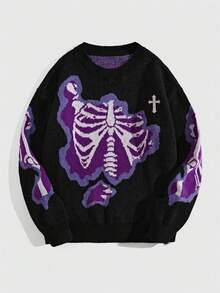 ROMWE MEN Street Life 青少年男童骨头印花圆领休闲长袖套头毛衣 - 黑色 - 查看 1