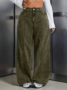 SHEIN Unity Quần jean ống rộng cạp cao, túi hộp, dáng rộng, thường ngày đa năng cho nữ cỡ lớn - xanh quân đội - Xem 1