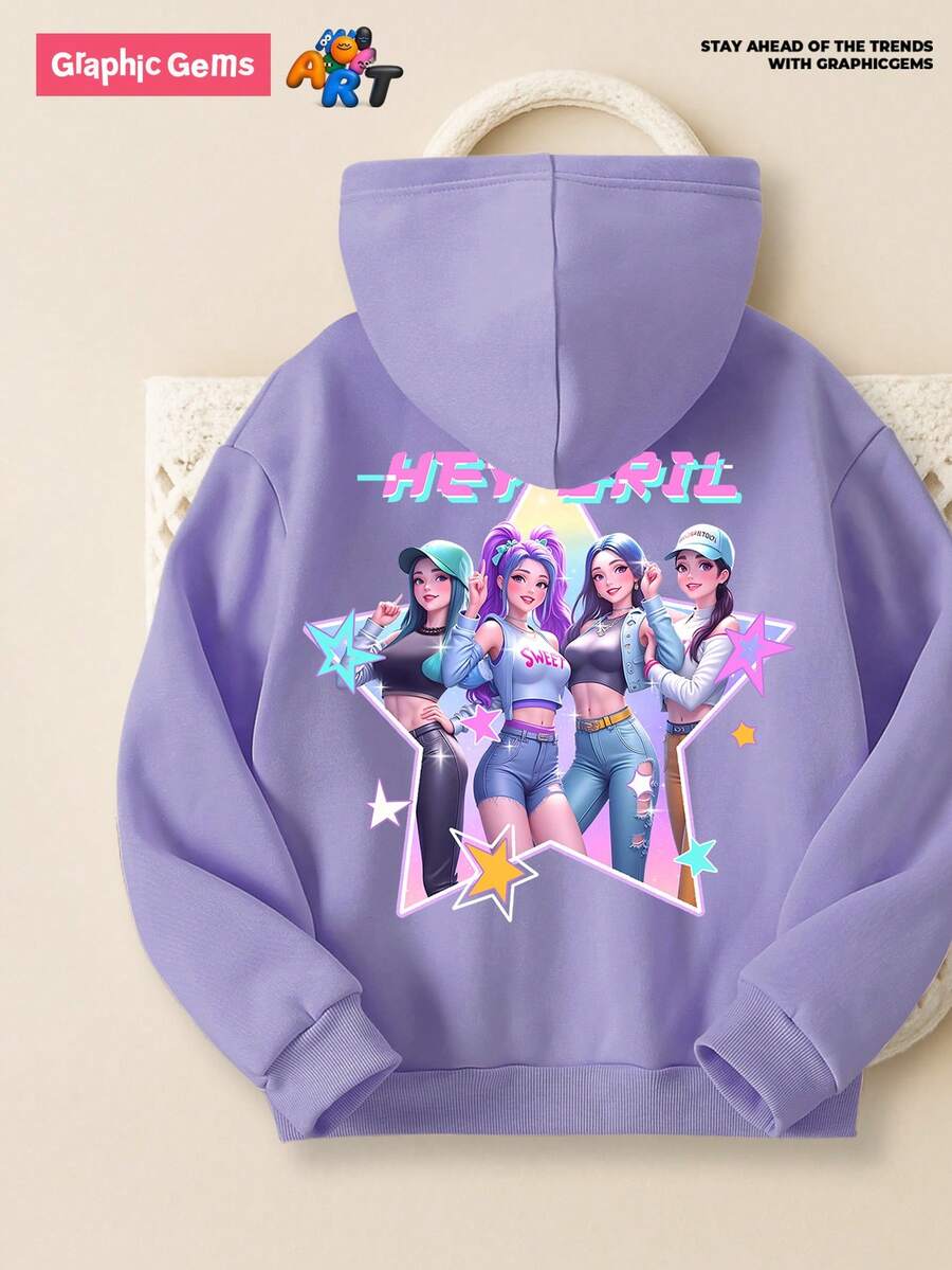 Tween Girl Cozy Fall & Winter Styles Casual Fashion Creative Personalized Refreshing Minimalist Cool Virtual Girl Group Colorful Pentagram Logo Letter Graphic Print Comfortable Sweatshirt, Suitable For Autumn/Winter - Purple - View 1