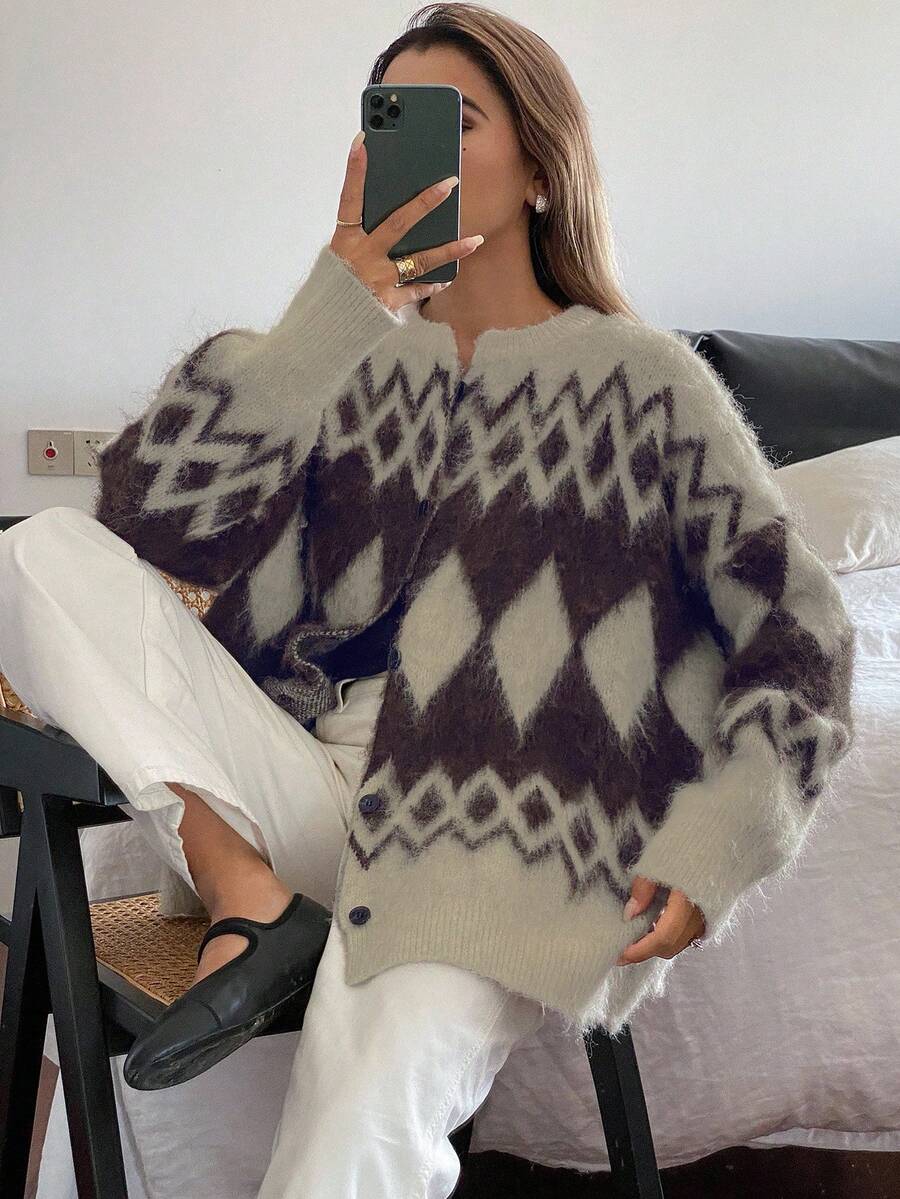 Livesso Áo khoác cardigan dệt kim dày họa tiết hình học đơn giản cho nữ, phù hợp mặc công sở mùa thu đông - Màu Khaki - Xem 1