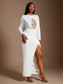 SHEIN SXY Plus Size Elegant Gorgeous Glamorous Sexy Sheer Lace Patchwork Backless High Slit Long Sleeve Dress, Suitable For Prom, Ball, Cruise Attire, Valentine's Day - White - View 6