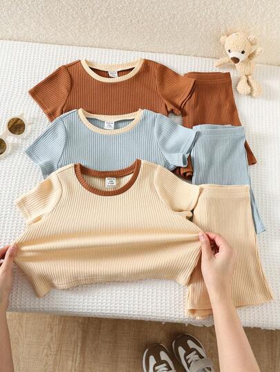 SHEIN 男童简约纯色休闲运动T恤套装