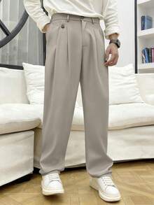 Manfinity Hypemode Men's Solid Color Pleated Straight Loose Casual Pants For Ceremony, Formal - Brown - View 3